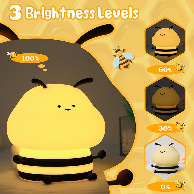Attivolife Bee Night Light, Cute Bumble Bee Gift for Kid, Animal Silicone Nursery Lamp with 8 Color Light & Dimming & Timer, Rechargeable Bedroom Classroom Decor Birthday Xmas Gift for Girl Boy