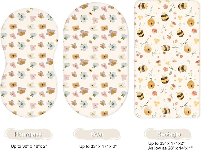 Bassinet Sheets for Baby Girls Boys 2 Pack, Fitted Baby Mattress Sheet for Rectangle, Oval, Hourglass Bassinet Mattress, Breathable Cozy & Universal Fit (Bee Happy)
