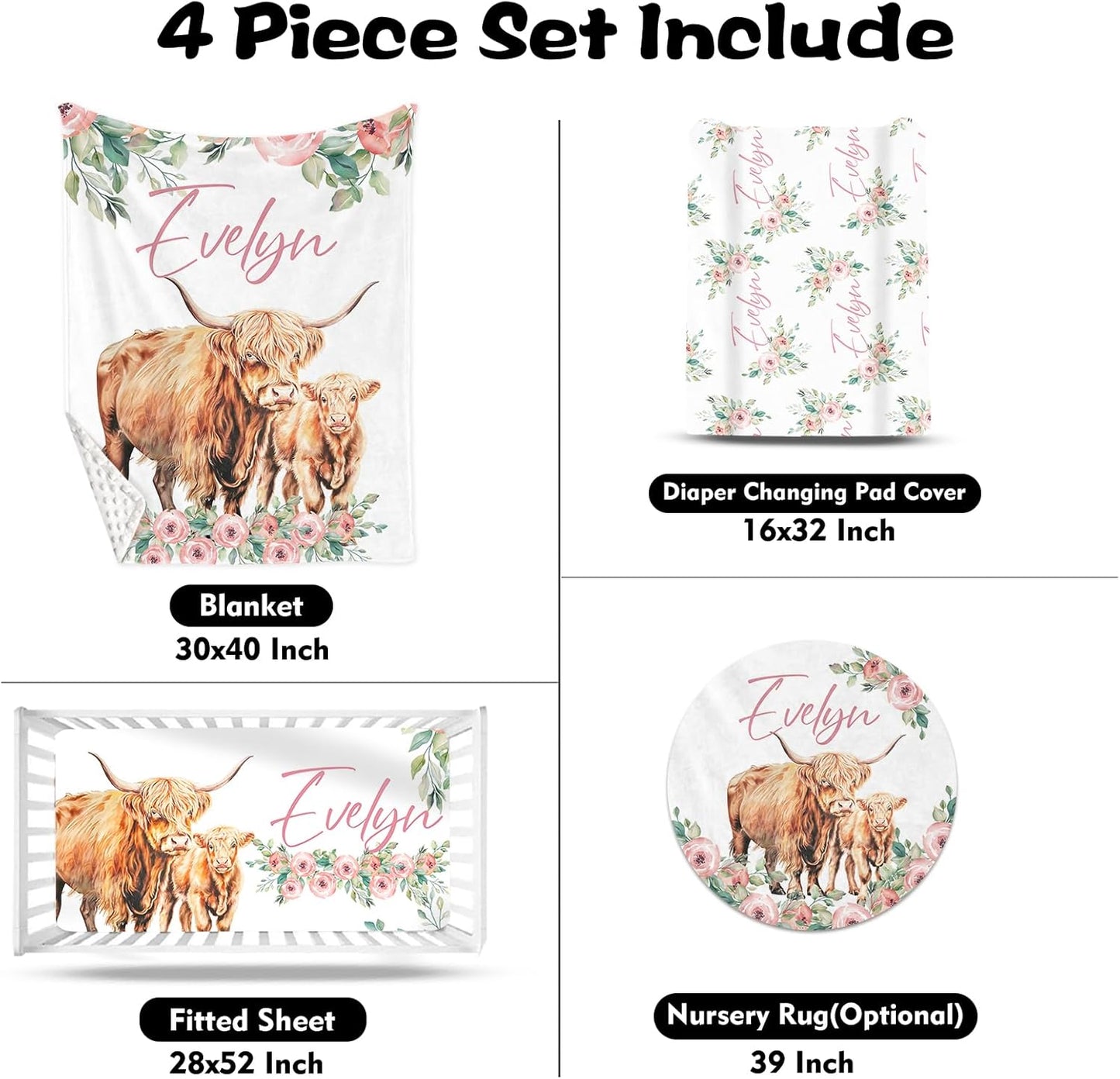 Custom Nursery Crib Bedding Set: Personalized Name 4 Piece Floral Highland Cow Design Baby Crib Sets for Girls - Toddler Double Layer Blanket Set, Comfortable Crib Bed Sheets for Baby Toddlers