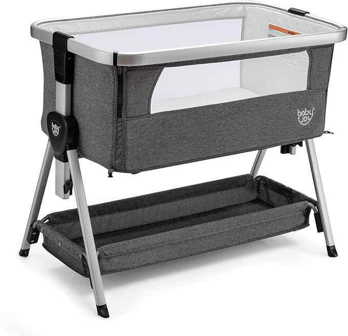BABY JOY Bedside Bassinet, Portable Baby Crib w/Mattress, Two-Side Breathable Mesh, 7 Height Adjustable, Large Storage, Wheels for Easy Movement, Crib for Newborn Infant, Bassinet for Baby, Dark Grey