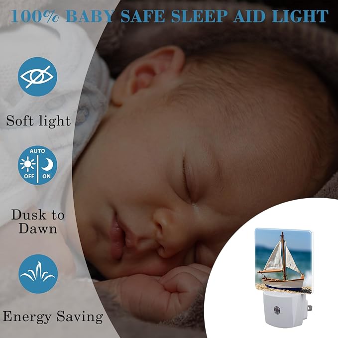 Night Light for Kids Girls Boys, Tropical Sandy Beach and Sailboat LED Night Light Plug into Wall with Dusk to Dawn Sensor for Room Decor, Hallway, Kitchen, Bathroom, Nursery, Stairs
