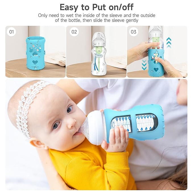 MORLIKE 4 Pack Silicone Sleeves Fit for 9 oz/270 mL Dr. Brown's Wide Neck Glass Baby Bottle, 100% Silicone Covers Protect Baby Glass Bottle, Easy to Grip Bottle Holders for ‎WB93703-WEB ‎WB91700-P4