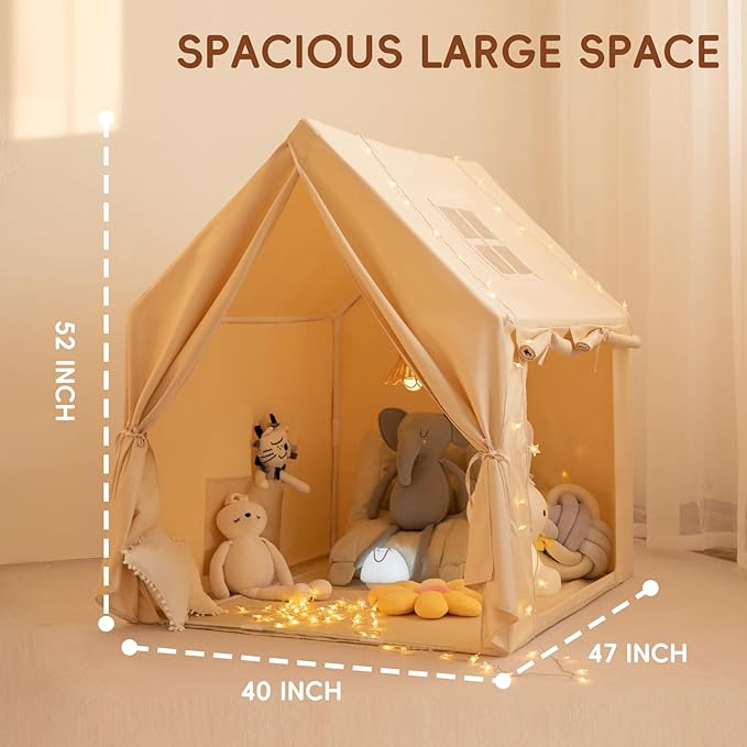 Kids Play Tent,Large Indoor Play House with Star Lights,Flags and Tote Bags, 52" x 47" Gift for Girls and Boys, Use for Reading Nook, Playroom, Sleepover Tent