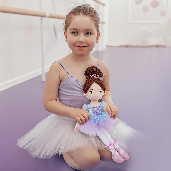 June Garden 16” Ballerina Doll Bella – Soft Plush Dance Recital Gift for Girls – Stuffed Ballet Doll with Purple Tutu and Tiara – Perfect for Toddlers and Little Dancers