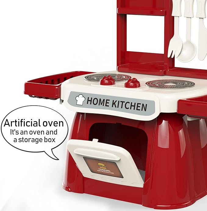 Kitchen Set for Toddler with Sound and Light，Pretend Cooking Food Set,Kids Kitchen Playset，Play Sink with Running Water and Electronic Induction Stove，Kitchen Accessories (red Kitchen and More Food)