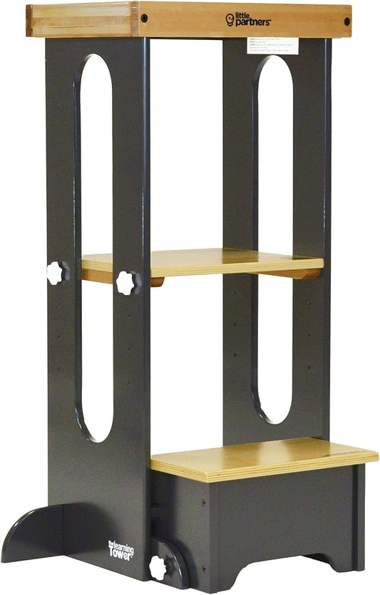 Little Partners Foldable Toddler Tower, Learning Tower Explore 'N Store Montessori Standing Kitchen Tower with Folding Step Stool Platform for Cooking and Learning, Ages 2+ (Charcoal)