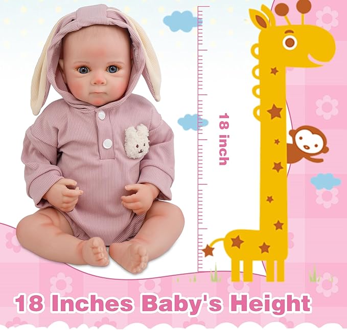 Jirachi Lifelike Reborn Baby Dolls, Real Life Vinyl Body Newborn Baby Girl, 18 Inch Realistic Reborn Baby with Feeding Accessories for Girls Age 3+