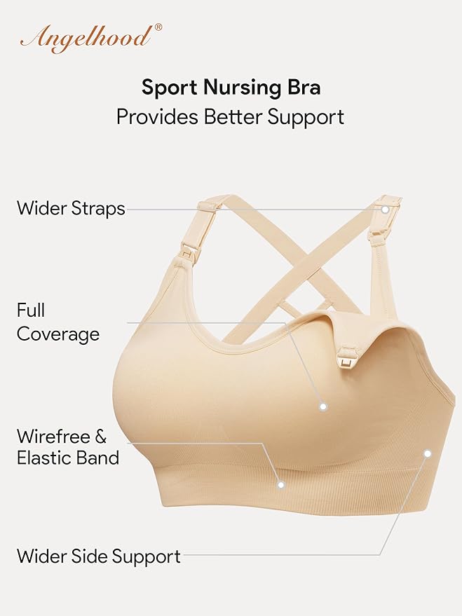Angelhood Nursing Bras for Breastfeeding, Seamless Nursing Sports Bra Support Yoga Maternity Bras Pregnancy Sleep Bralette