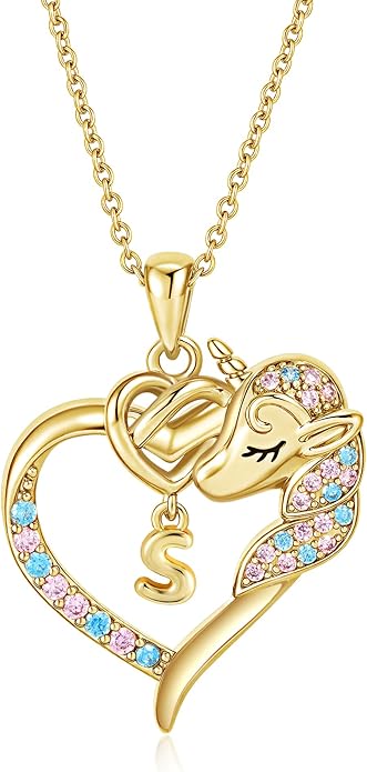 Unicorn Necklaces for Teen Girls Kids - Colorful CZ 18K Gold Plated Heart Initial Necklaces for Women Gold Jewelry Birthday Unicorn Gifts for Girls 6-8 Women