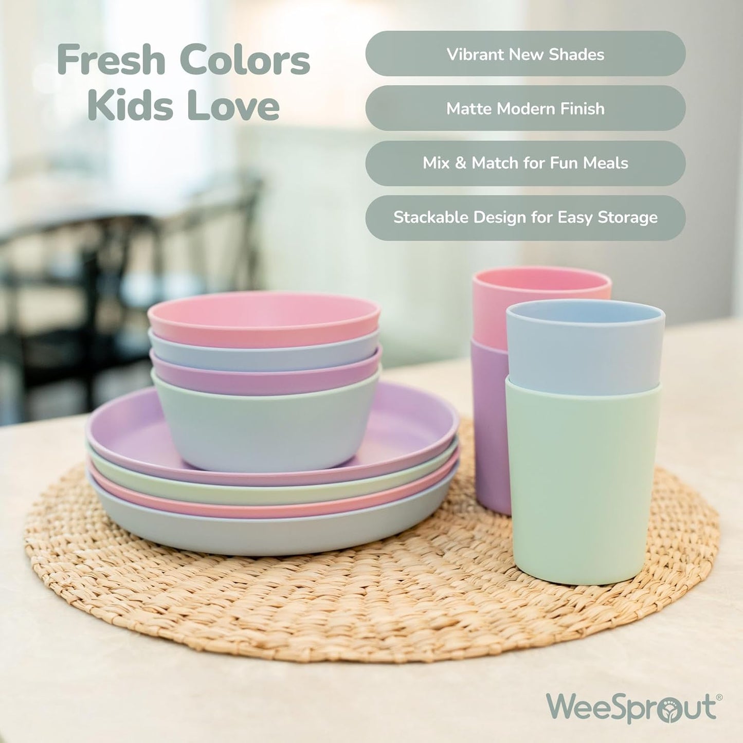 WeeSprout Bamboo Kids Bowls, Set of Four 10 oz Kid-Sized Bamboo Bowls, Dishwasher Safe Kid Bowls (Pastel Blue, Mint, Purple & Pink)