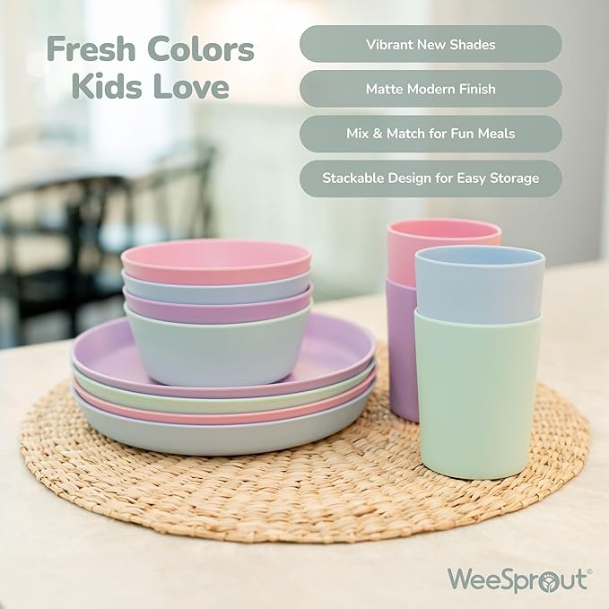 WeeSprout Bamboo Kids Bowls, Set of Four 10 oz Kid-Sized Dinnerware, Cereal, Leftovers & Snack Bowl, Dishwasher Safe (Pink, Green, Gray, & Beige)
