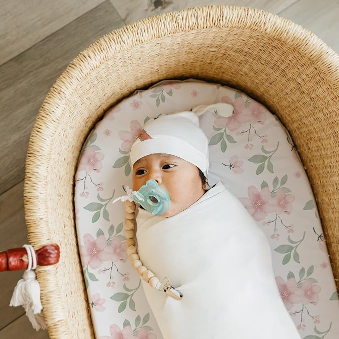 Stretch Fitted Bassinet Sheet Set BROLEX 2 Pack Cradle Sheets for Bassinet Pad/Mattress,Unisex Boys Girls,Ultra Soft,Pink Blossom