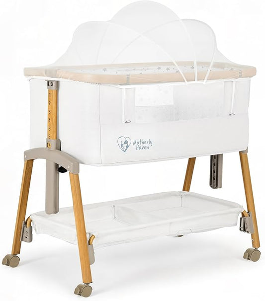 Baby Bassinet Bedside Sleeper, Portable Crib for Newborns, Adjustable 7-Height Auto-Lock, with Wheels, Soft Mattress & Breathable Mesh (White - with Mosquito Net)