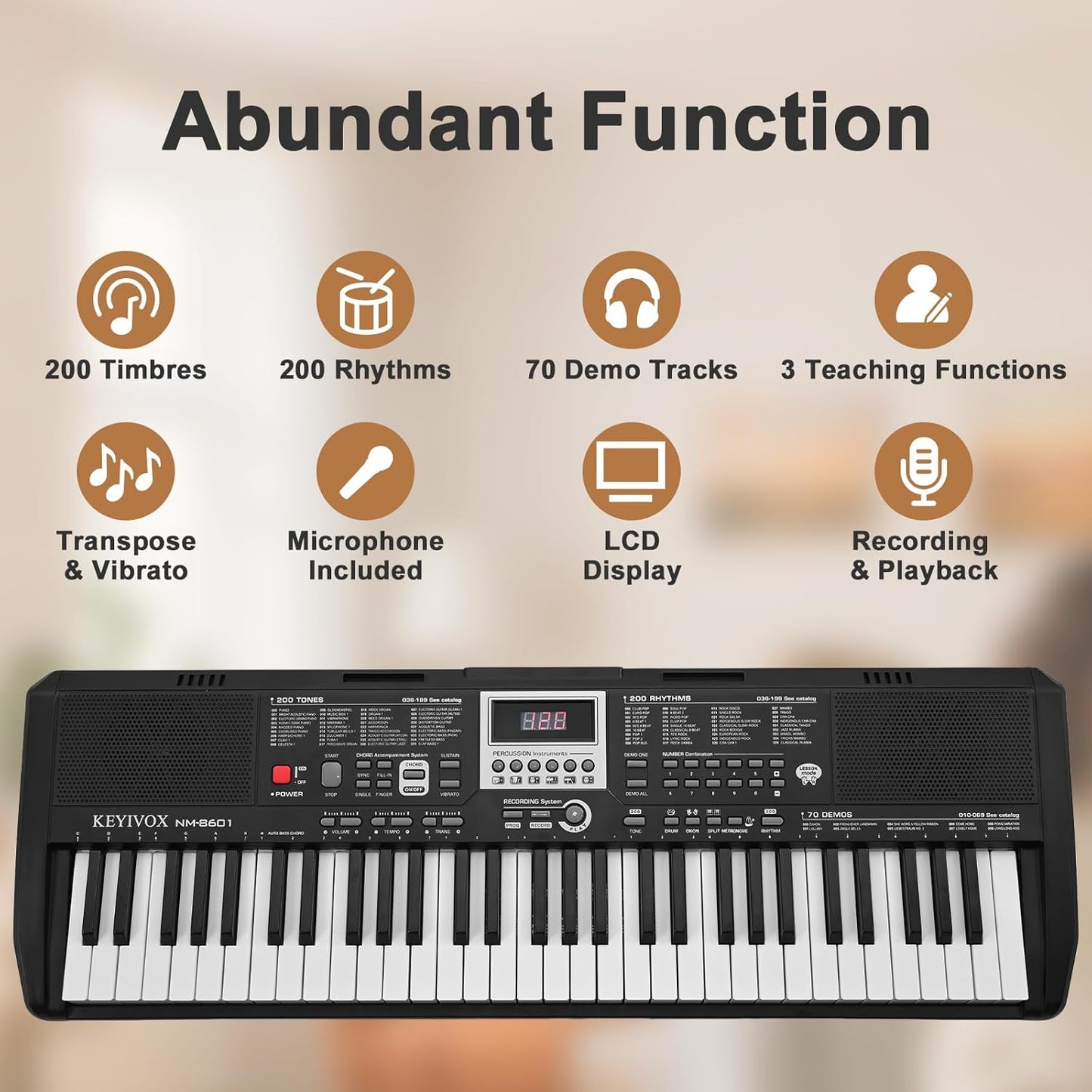 61-Key Portable Electronic Piano Keyboard with 200 Voices, 200 Rhythms, Teaching Modes, Recording, Microphone, Battery Power, Built-in Speakers, Child-Safe ABS