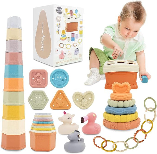 Shape Sorters Baby Toys 5 in 1 Montessori Toy for 6-48 Months Stacking Cups,Rings Toy Links,Soft Stacking Rings,Blocks Set,Soft Animals Toys Shape Sorters for Toddlers 1-3
