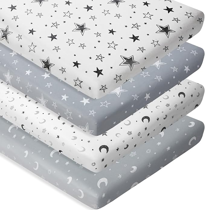 4 Pack Star and Moon Neutral Unisex Fitted Baby Sheets Set for Baby Boys or Girls (Play N)