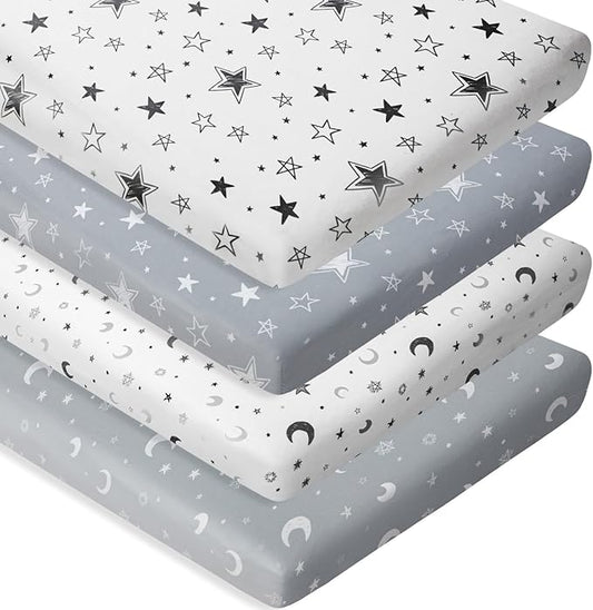 4 Pack Star and Moon Neutral Unisex Fitted Baby Sheets Set for Baby Boys or Girls (Play N)