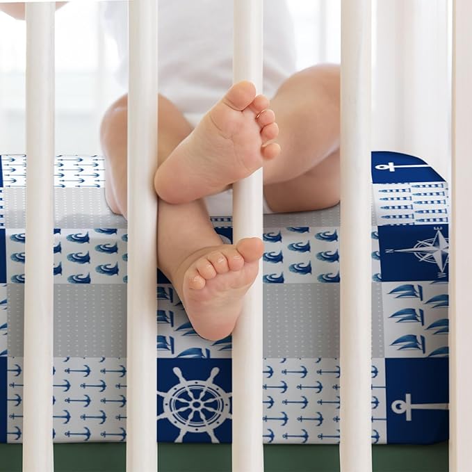 Navy Nautical Life Baby Crib Fitted Sheet 52''x28'' Sea Marine Lighthouse Compass Whale Fitted Crib Mattress Sheet for Boy Girl Nursery Bed Sheets for Standard Crib and Toddler Mattress