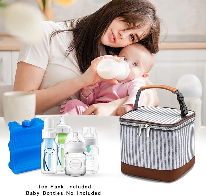 Breastmilk Cooler Bag with Ice Pack Fits 4 Baby Bottles Up to 5 Ounce, Baby Bottle Cooler Bag Great for Nursing Mom Daycare, Straps