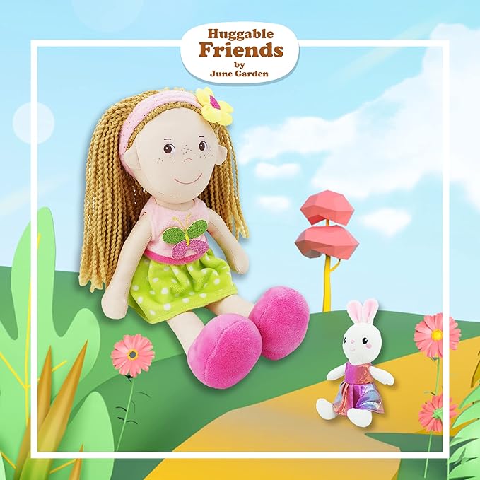 June Garden 14" Playmate Buddies - Plush Doll Aubrey with Her Stuffed Animal Companion Bunny Trixy