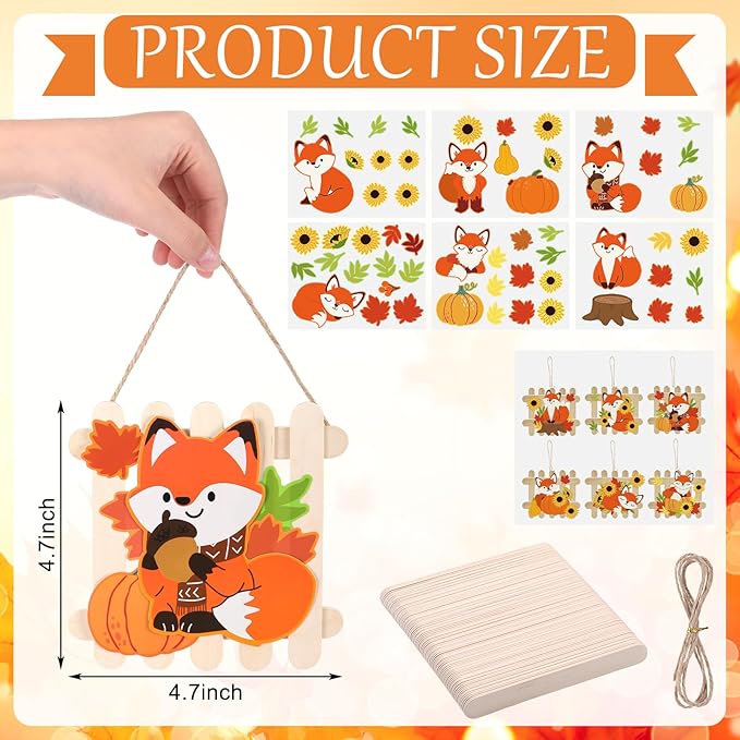 Jetec 24 Sets Fall Sticker Crafts Kits DIY Wooden Fox Fence Autumn Ornament Crafts with Stick Make Your Own Fall Fox Handmade Artwork for Autumn Thanksgiving Party Favors Home Activity Decoration