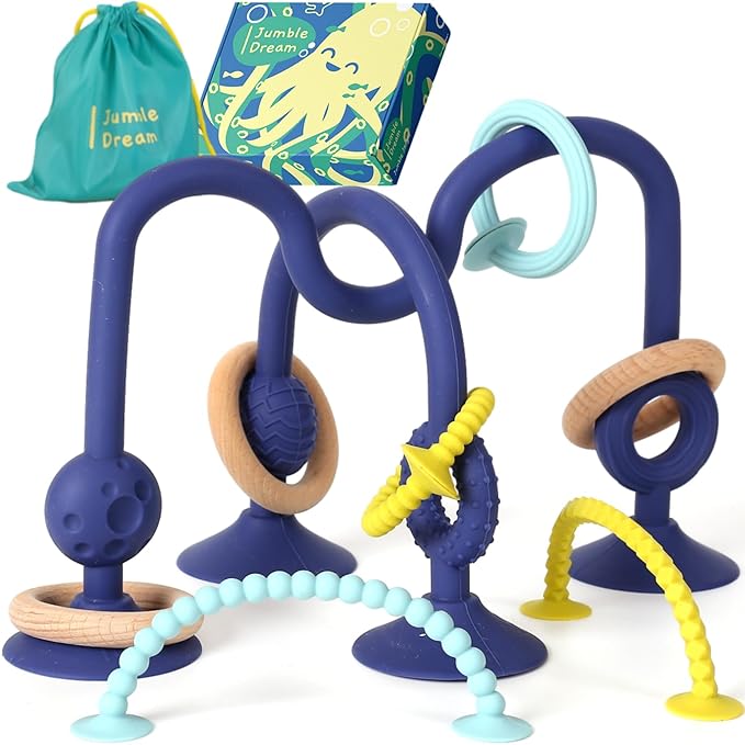 Jumble Jangle Baby Teething Toys – BPA-Free, Multi Purpose High Chair Toys for Babies: Suction Teething Relief with Sensory Toy Textures for Infants and Toddlers 0–24+ Months (Dark)