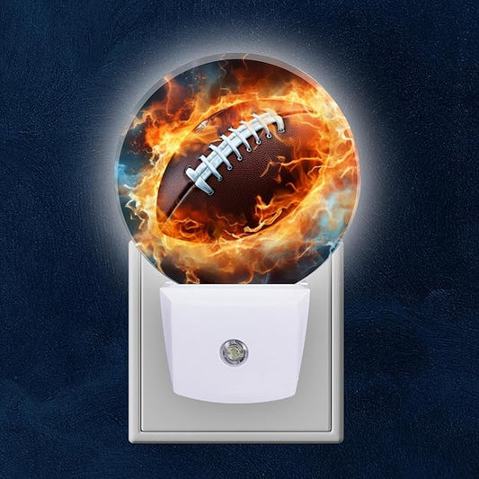 Round LED Night Lights Lamp with Dusk to Dawn Sensor, American Football Ball on Fire Night Light Plug Into Wall for Kids Room, Bedroom, Bathroom, Kitchen, Hallway