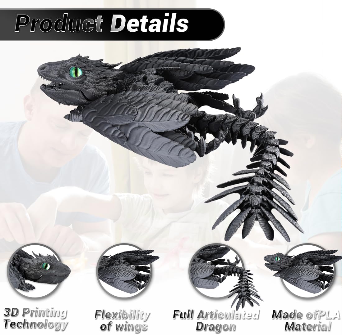 3D Printed Dragon with Wings 3D Printed Animals Articulated Dragon Fidget Dragon 3D Printed Toys Dragon Toy Desk Pets Home Office Decor (Black)