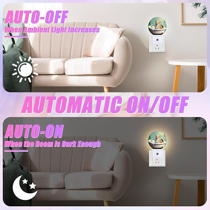 Funny Corgi Bathing Night Light Puppy Lover Night Lights LED Lamp Round Plug into Wall Nightlight with Dusk to Dawn Sensor Home Hallway Stairway Kitchen Decor