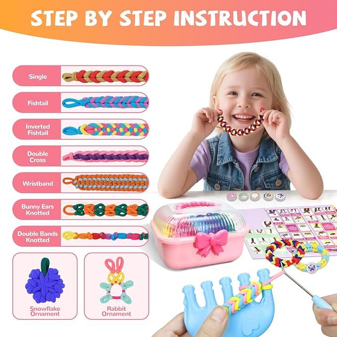 spcozgil Rubber Band Bracelet Making Kit, 1200+ Rainbow Elastic Cloth Loom Bands in 12 Colors, Weaving Loom Bracelets Kits for Girls, DIY Arts and Crafts Toys Christmas Birthday Gift for Kids