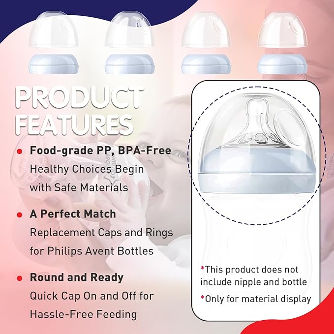 Philips Avent Baby Bottle Caps and Collar Accessories - Dome Caps, Nipple Rings for Natural Bottles - 4-Pack Replacement Kit