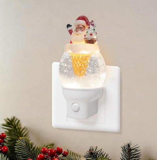Christmas Santa Night Light Plug into Wall Glitter Water Nightlight with USB/Outlet Options, Christmas Decorative Nightlight for Bedroom Kitchen Nursery Holiday Decorations Gifts (Santa Ice Cream)