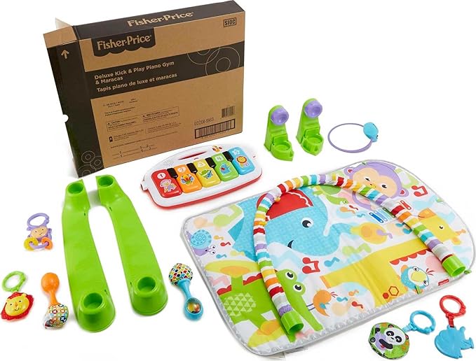 Fisher-Price Baby Playmat Deluxe Kick & Play Piano Gym for Learning & 2 Maracas Soft Rattles for Newborn to Toddler Play Ages 0+ Months