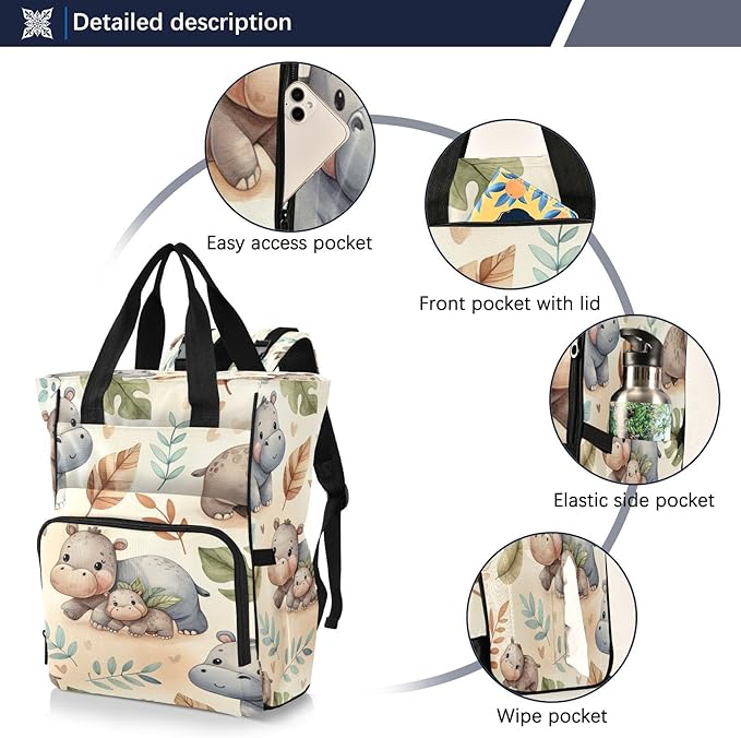 Cute Hippos Diaper Bag Backpack, Unisex Travel Baby Backpack Diaper Bags with Stroller Straps & Pacifier Case, Large Capacity Waterproof Diaper Backpack