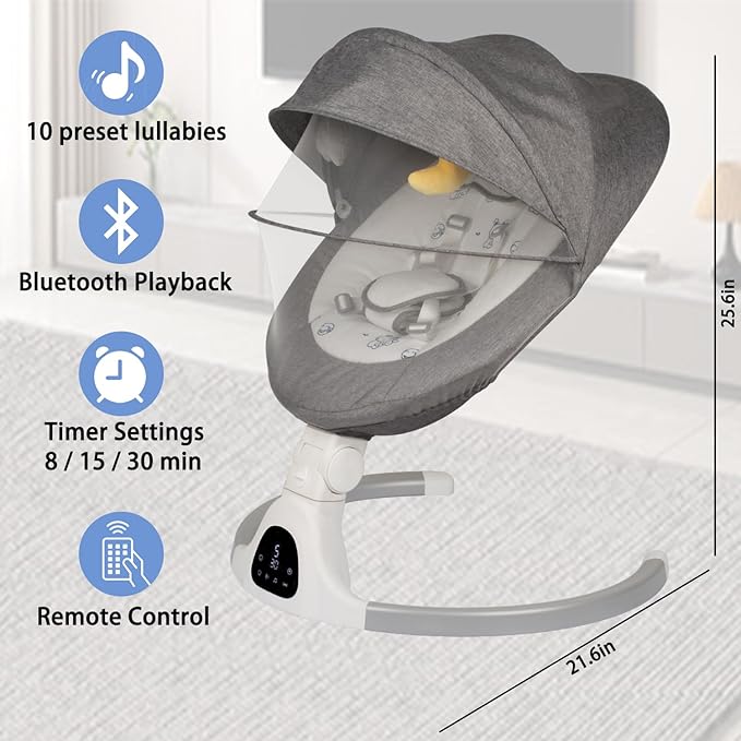 Baby Swing for Infants to Toddler Portable Babies Swing Timing Function 5 Swing Speeds Bluetooth Touch Screen Music Speaker with 10 Preset Lullabies 5-Point Carabiner
