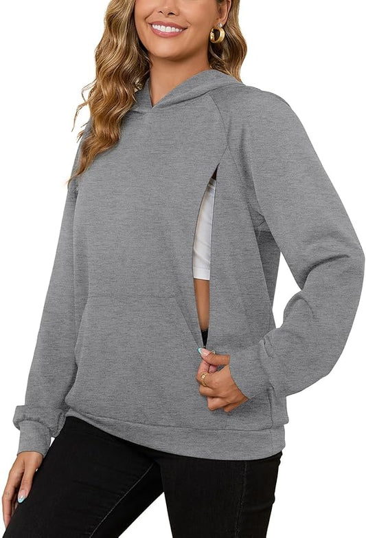 Bhome Nursing Sweatshirt Hoodie for Breastfeeding with Hidden Zippers Maternity Breast Pumping Tops Kangaroo Pocket