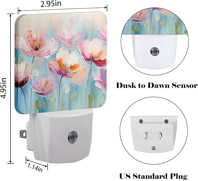 Oil Pink Flowers Night Light,Plug-in Night Lights with Dusk to Dawn Sensor for Stairway,Hallway,Bedroom Sleep Friendly Ideal for Women/Girls/Boys Gift,0.5w