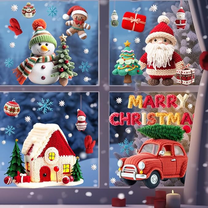 Christmas Window Stickers Fun Christmas Window Clings Decor Set-Vibrant Santa, Woolen Tree Car House, Reindeer & Snowman Static Decals-Removable - Safe for Home, Office, School Indoor Use