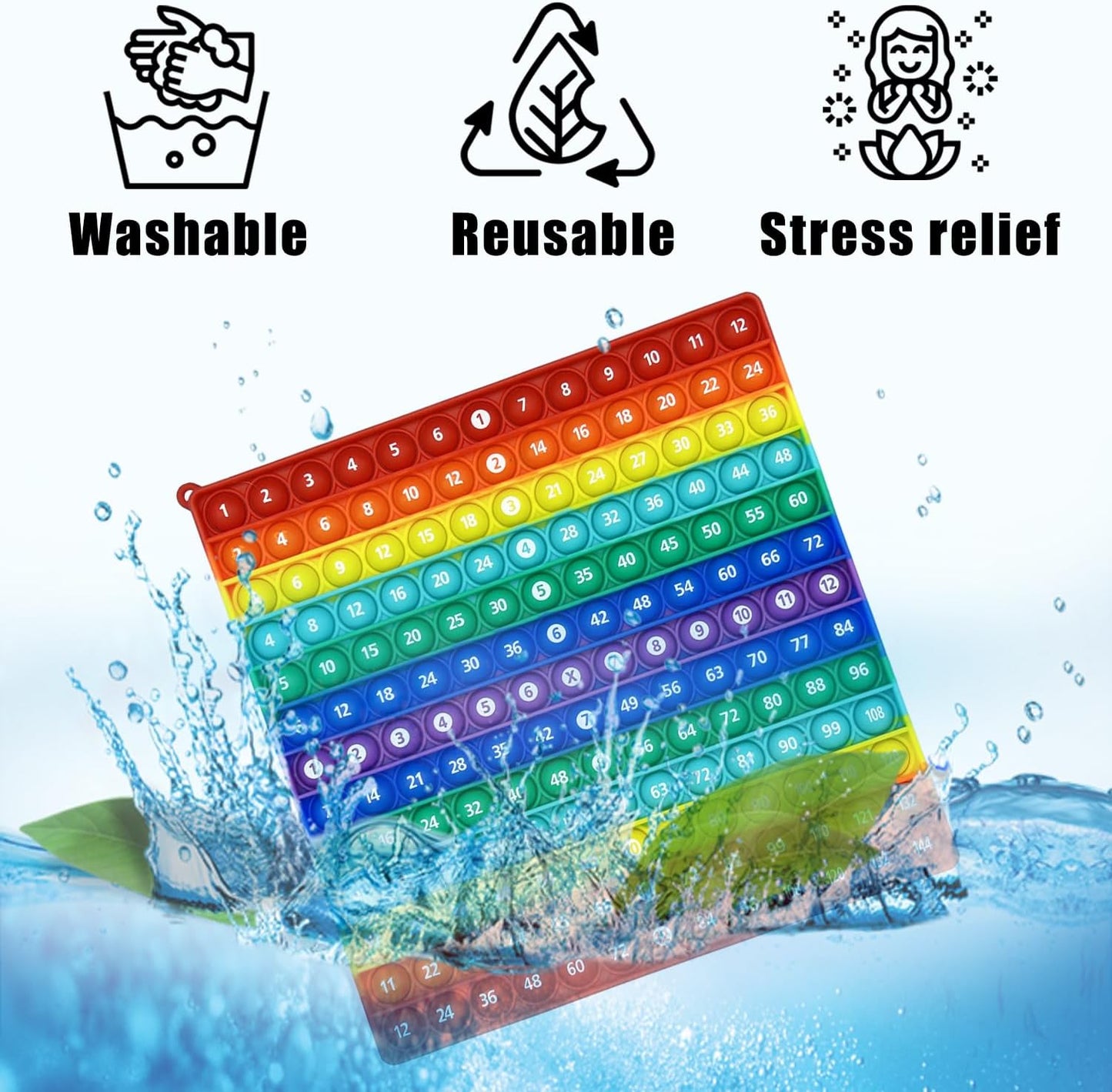 Multiplication 12x12, Addition 1-12, Math Fidget Popper, Learn Multiplication, Addition with Pop Fidget Toy, Learning Tools for Students and Children, Bubble Sensory Rainbow (Rainbow-Horizontal)