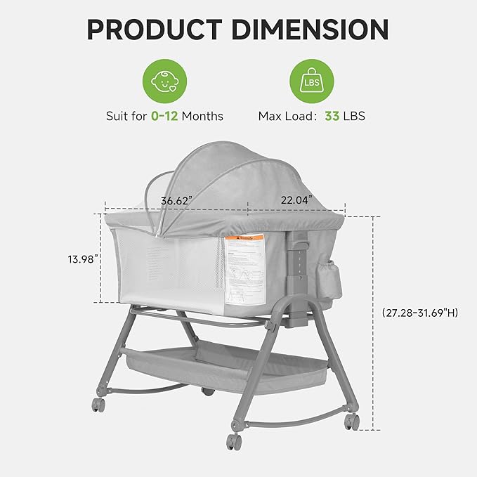Real Relax Baby Bassinet Bedside Sleeper, 3 in 1 Bedside Rocking Bassinet for Baby with 6 Adjustable Height, Breathable Mesh Sides & Mattress, Storage Basket, Mosquito Nets, Easy to Fold, Grey