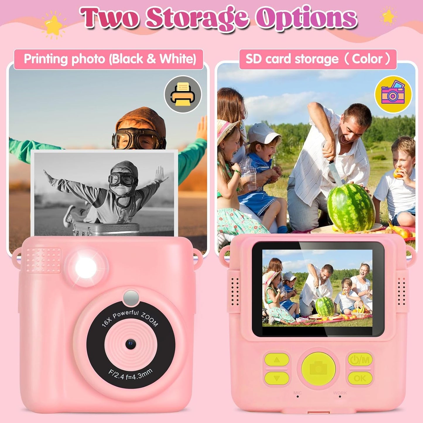 Instant Print Camera for Kids - 2.4 Inch Kids Camera Instant Print with Paper & 32G Card- Digital Children Toys as Christams Birthday Gifts for Girls Boys Age 3-12 - Pink