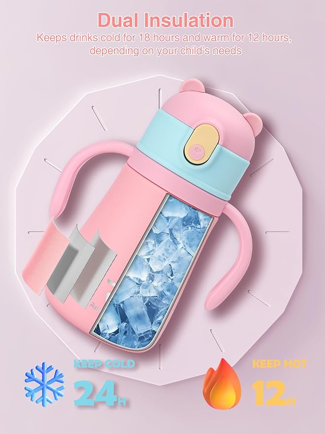 12oz Kids Insulated Water Bottle Double-Wall Vacuum Kids Water Bottle with Hygiene Silicone Straw Blowout-Proof Lid Insulated No BPA Durable Stainless Steel