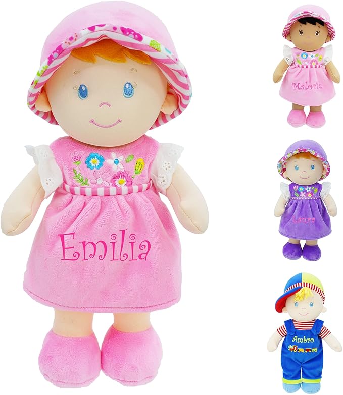 June Garden Personalized Soft Dolly Emilia - Stuffed Soft Baby Doll for Birth and Up with Custom Name - Pink Dress - 13"