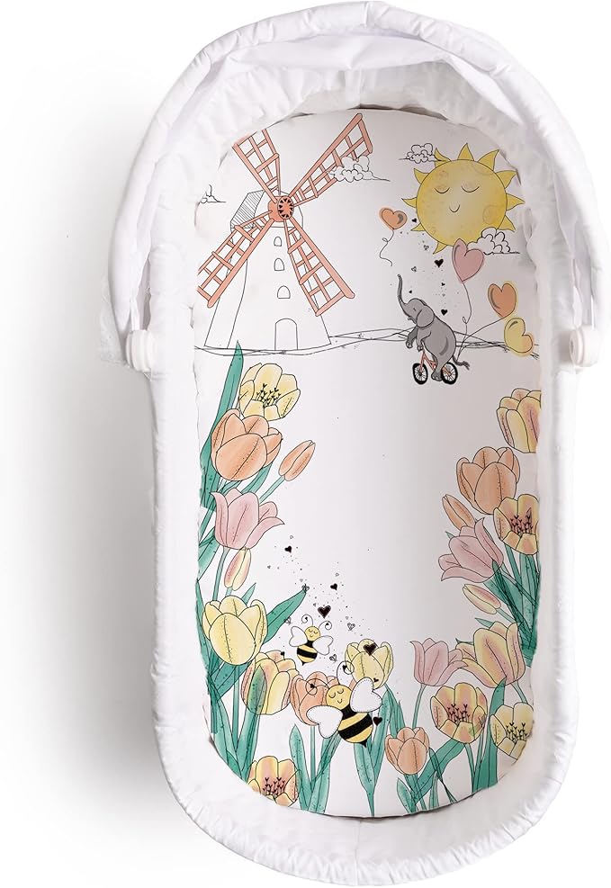JumpOff Jo - Hypoallergenic Fitted Bassinet Sheet for Baby Boys & Girls - Rectangular, Hourglass & Oval Crib Compatible, Soft, Breathable, Machine Washable - Tulip Fields