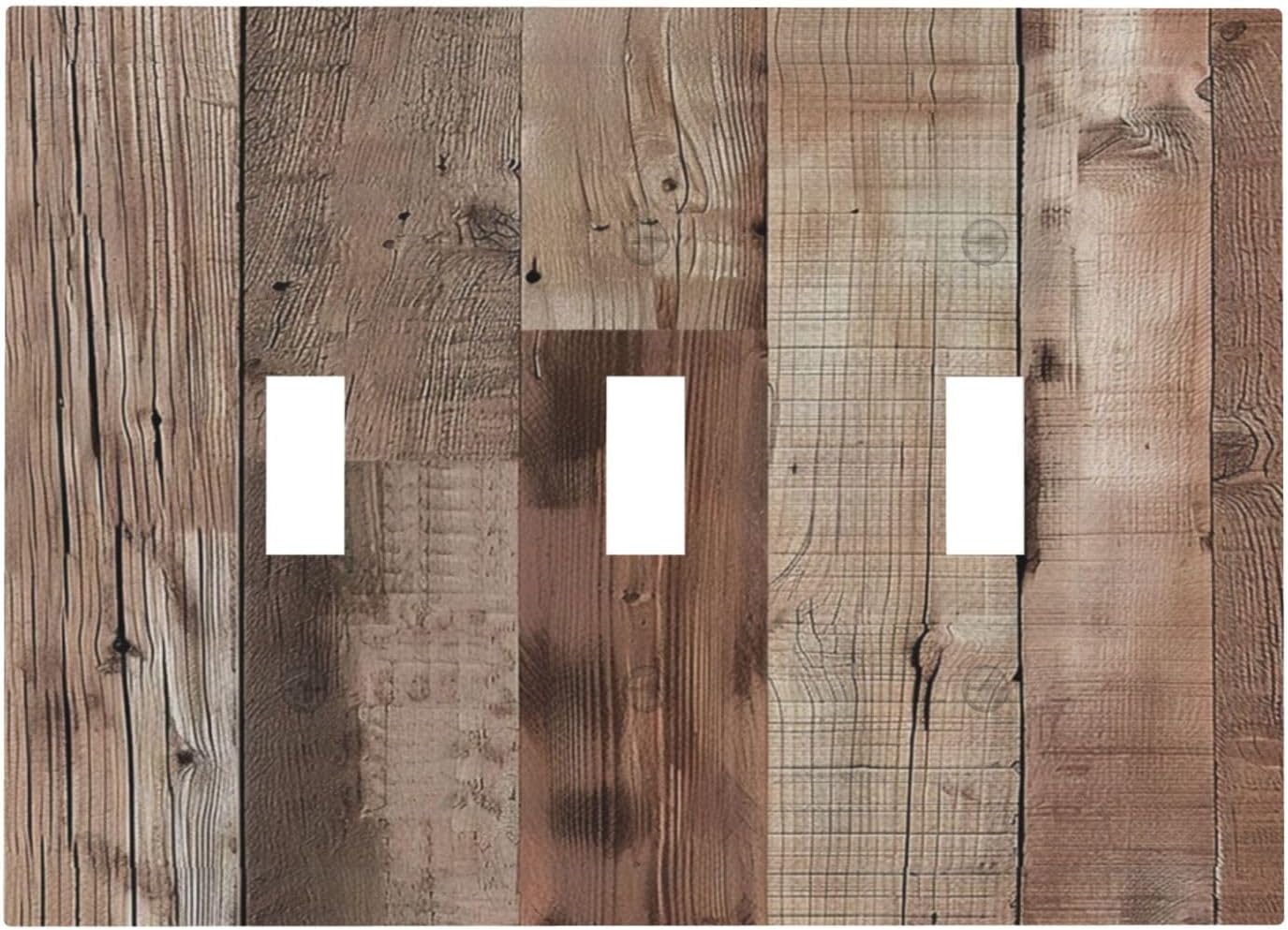 Decorative Switch Covers Plate Retro Wood Plank Vintaga Wooden Board Cabin 3 Gang Artistic Wall Plate Unique Triple Toggle Light Switch Plate Jumbo Faceplate for Bedroom Home Decor