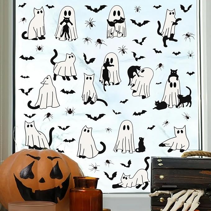 Halloween Ghost Window Clings for Glass 6 Sheets Cute Window Decals Spooky Window Stickers Cat Spider Reusable Windows Cling for Halloween Fall Party Home School Office Glass Supplies Decorations