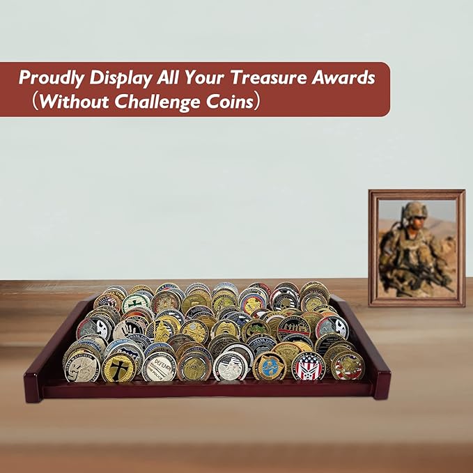 12 Rows Military Challenge Coin Holder Display Case Holds 90-100 Coins, Solid Wood Army Coin Rack Display Stand for Desktop, Mahogany