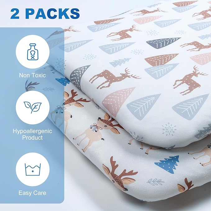 Bassinet Bed Sheet Set 2 Pcs Fits Rectangle Oval Halo Hourglass Mattress Stretchy Bassinet Bed Sheet Soft and Comfortable (Deer Park) (Lulu Paradise)