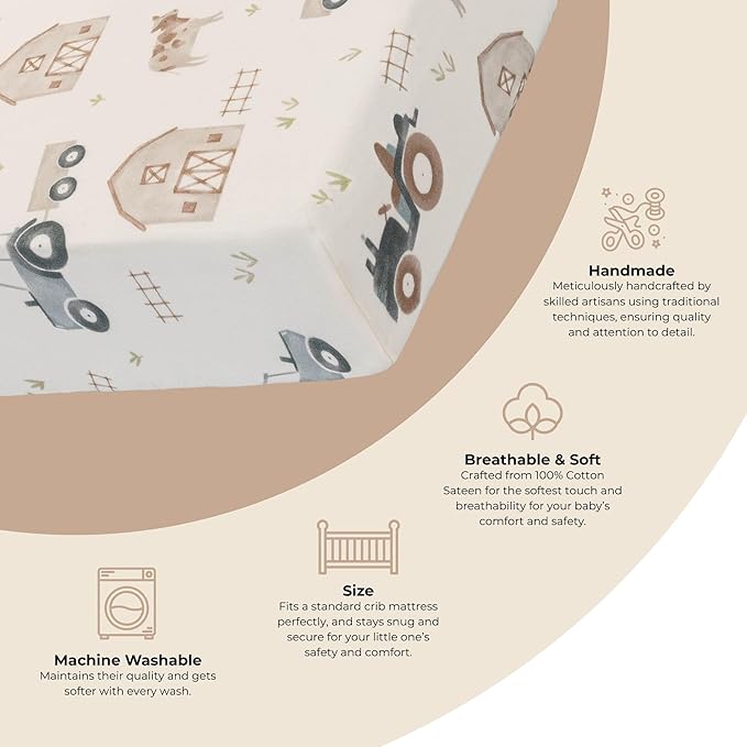 Crane Baby Charlie Farmhouse Tractor Crib Fitted Sheet, 100% Cotton Baby Bed Sheets, Farm Nursery Decor, Crib Sheets for Boys, Baby Registry Gift, Tractor Nursery Decor