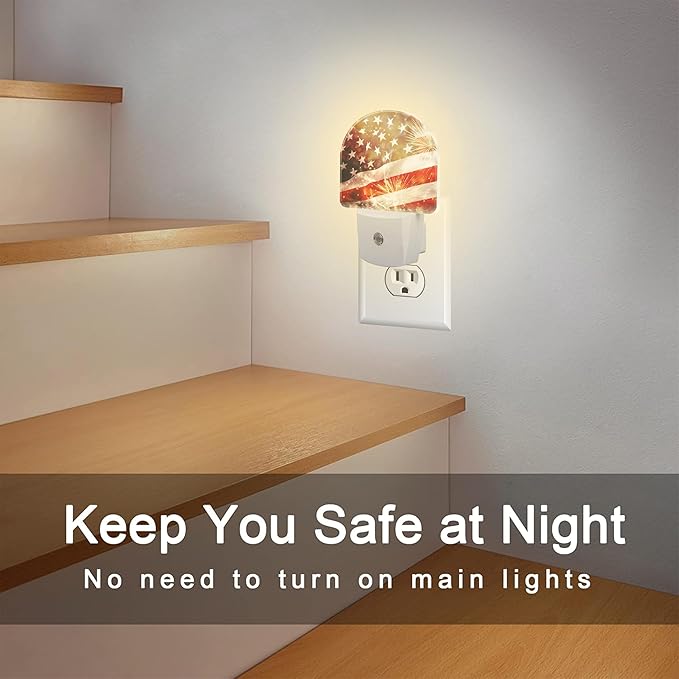 America Flag with Fireworks Night Light Plug into Wall,Vintage The USA Flag Patriotic Dusk to Dawn Night Light,0.5w Energy Saving Sleep Friendly Nightlights for Kids Boys Girls Home